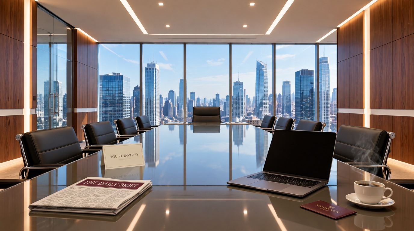 A bright New York boardroom seen from the head chair, with The Daily Brief, a laptop, member card, invitation, and steaming coffee arranged on the table